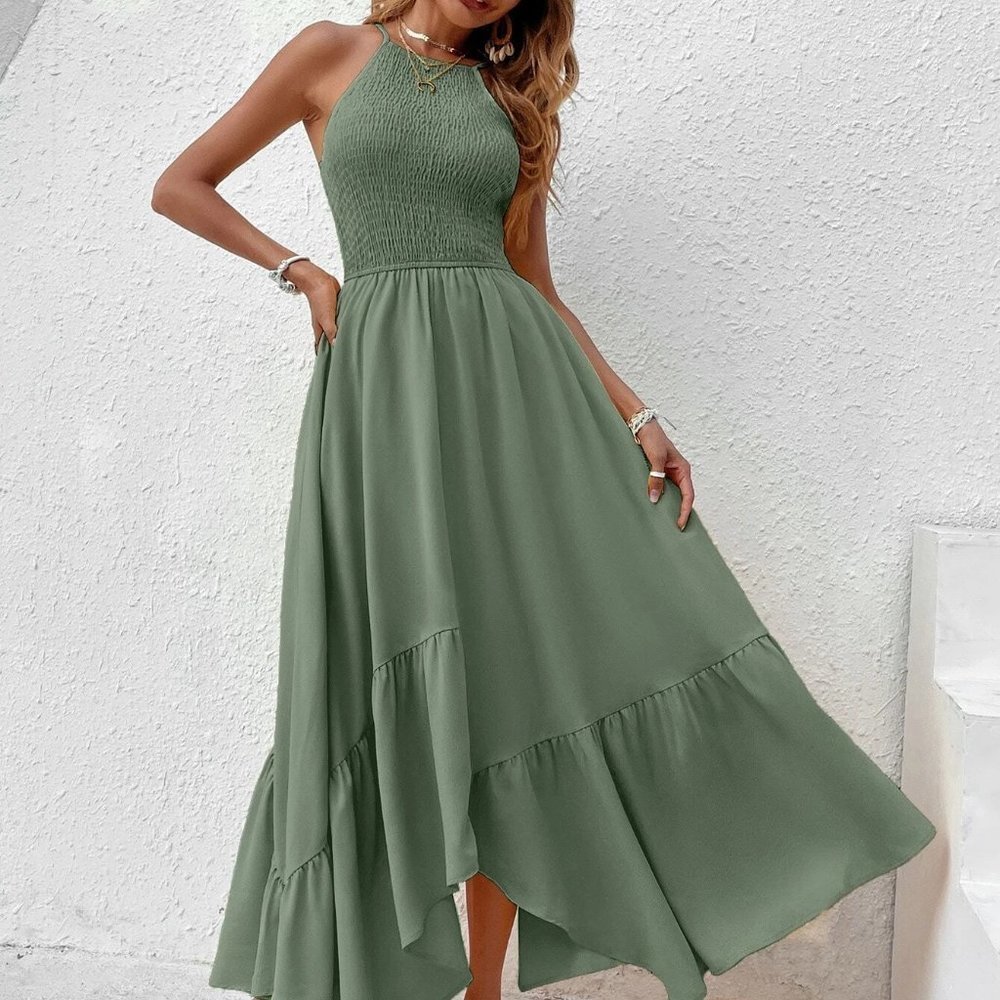 Green Boho Womens Shirred Hanky Hem Cami Dress - Picture 3 of 4